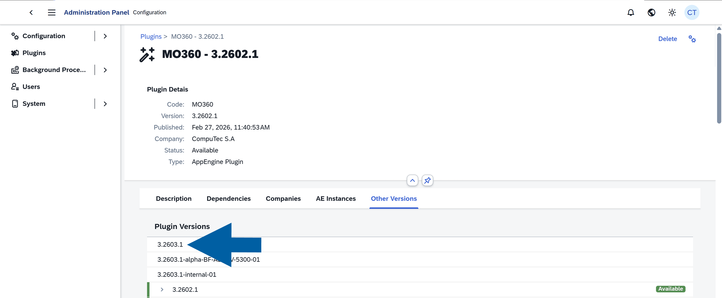 click the version number