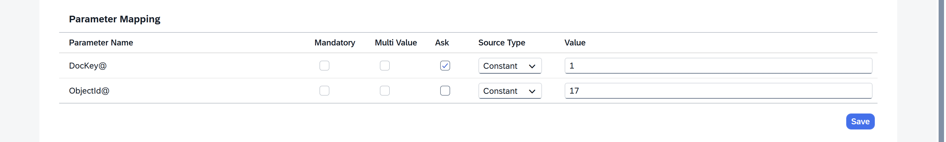 Preview and Print parameter configuration dialog showing options for Constant, Field, and Ask. The screen includes guidance that Constant keeps a fixed value such as CompanyCode = US01, Field uses a value from the selected row’s Document Number column, and Ask enables Ask at Print Time so users can enter or select a value when generating the report. The interface appears as a white panel inside the AppEngine Launchpad environment.