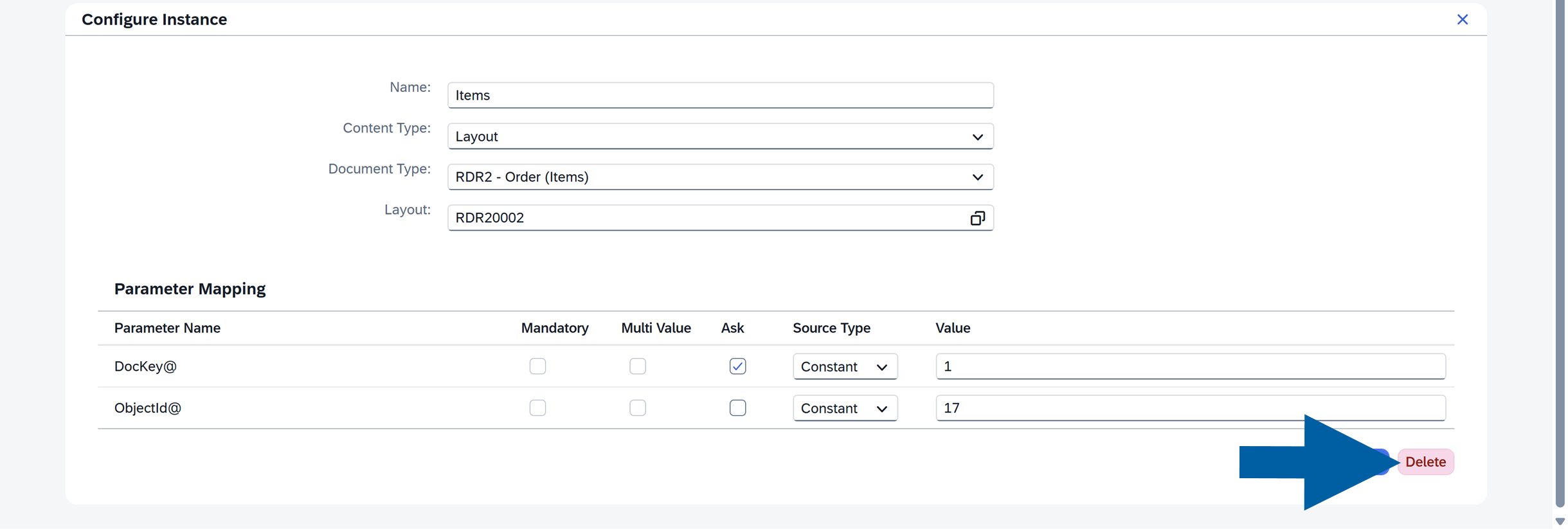 Delete button in the Preview and Print Configure Instance dialog, displayed as a pink button labeled Delete positioned to the right of the blue Save button in the lower right corner of the white modal panel, within the AppEngine Launchpad interface showing parameter mapping fields for a print instance configuration.