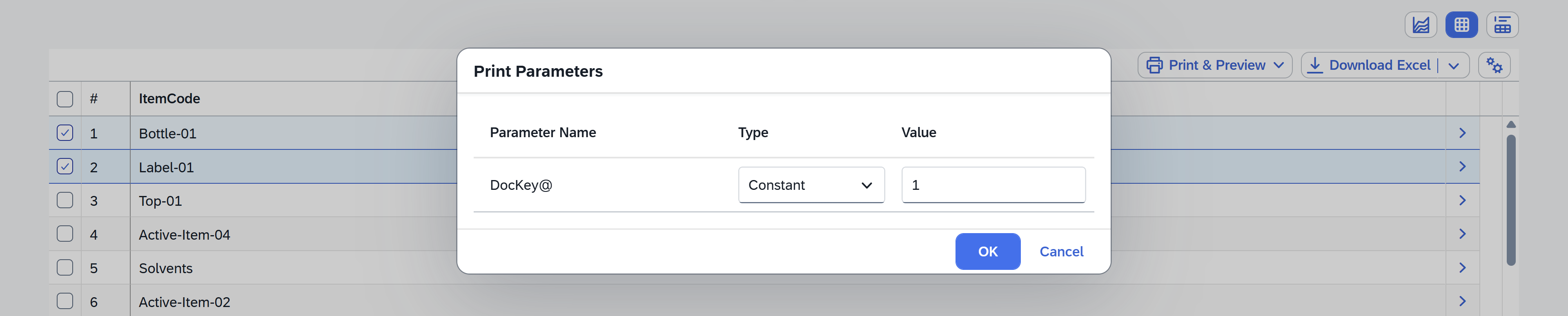 Print Parameters dialog showing Parameter Name Type Value column headers and a single parameter row DocKey@ with Type Constant and Value 1. Header text reads Print Parameters. Dialog includes OK and Cancel buttons. The modal overlays the AppEngine Analytics table with rows and checkboxes visible in the background. Tone neutral and professional.