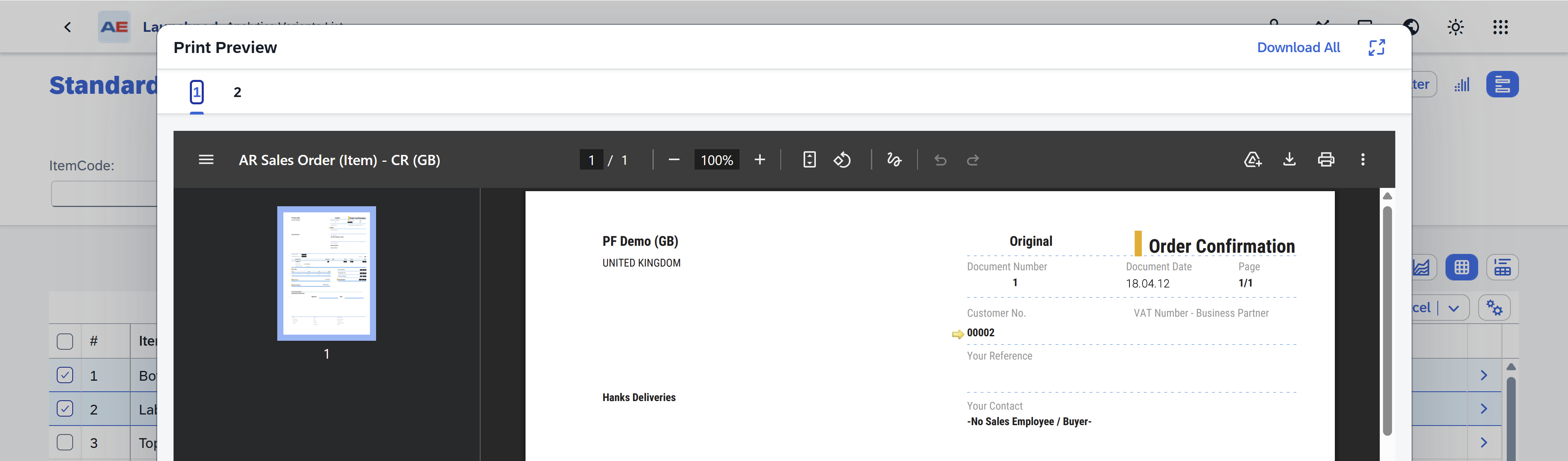 Browser print preview dialog showing a PDF order confirmation report. Left column shows a single page thumbnail. Top bar reads Print Preview and AR Sales Order (Item) - CR (GB). Main preview shows the document header Order Confirmation and label Original, with visible fields Document Number 1, Document Date 18.04.12, Page 1/1, Customer No. 00002, PF Demo (GB) UNITED KINGDOM, and Your Contact - No Sales Employee / Buyer. The wider environment is a web application interface with a dark preview sidebar, toolbar icons, and a vertical scroll bar. The tone is neutral and professional.