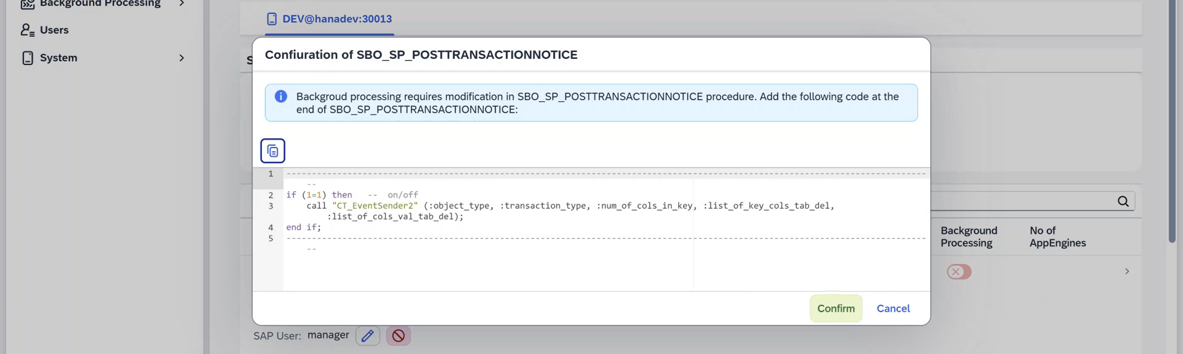 Notification screen showing a message that the Post Transaction Notification Procedure needs updating before enabling Background Processing Data