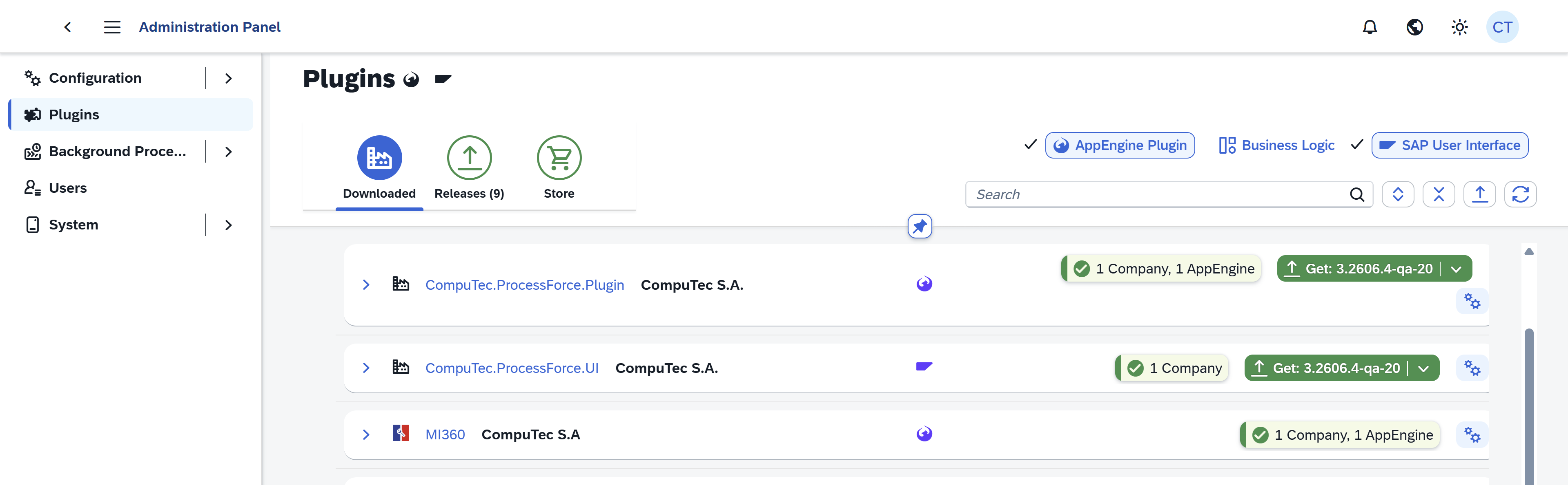 Downloaded plugins screen showing CompuTec ProcessForce and Plant Maintenance Mobile MI 360 ready for activation