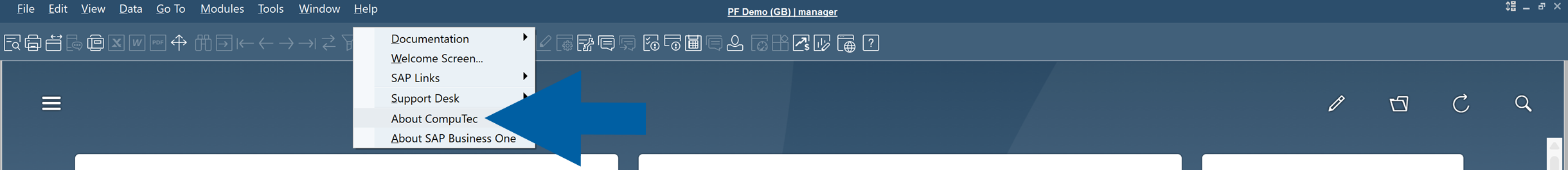 SAP Business One desktop application with the Help menu expanded and a large blue arrow pointing to the About CompuTec ProcessForce menu item in the menu list