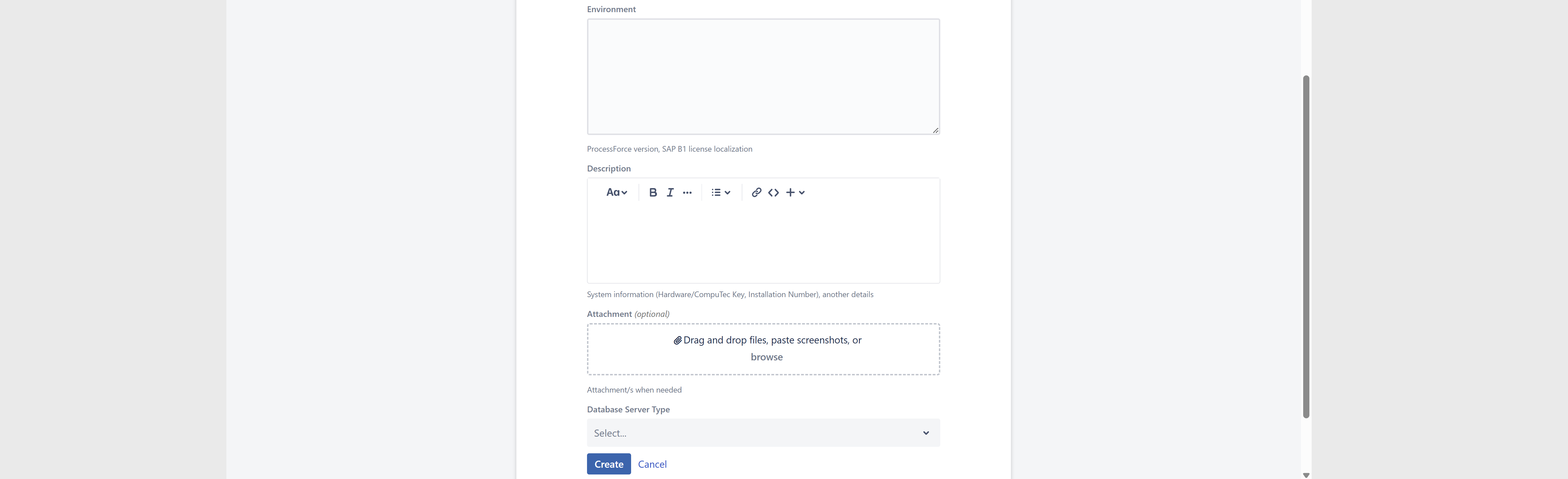 CompuTec Support Portal ticket form showing Environment text area, rich text Description editor, attachment drag and drop area and Database Server Type dropdown