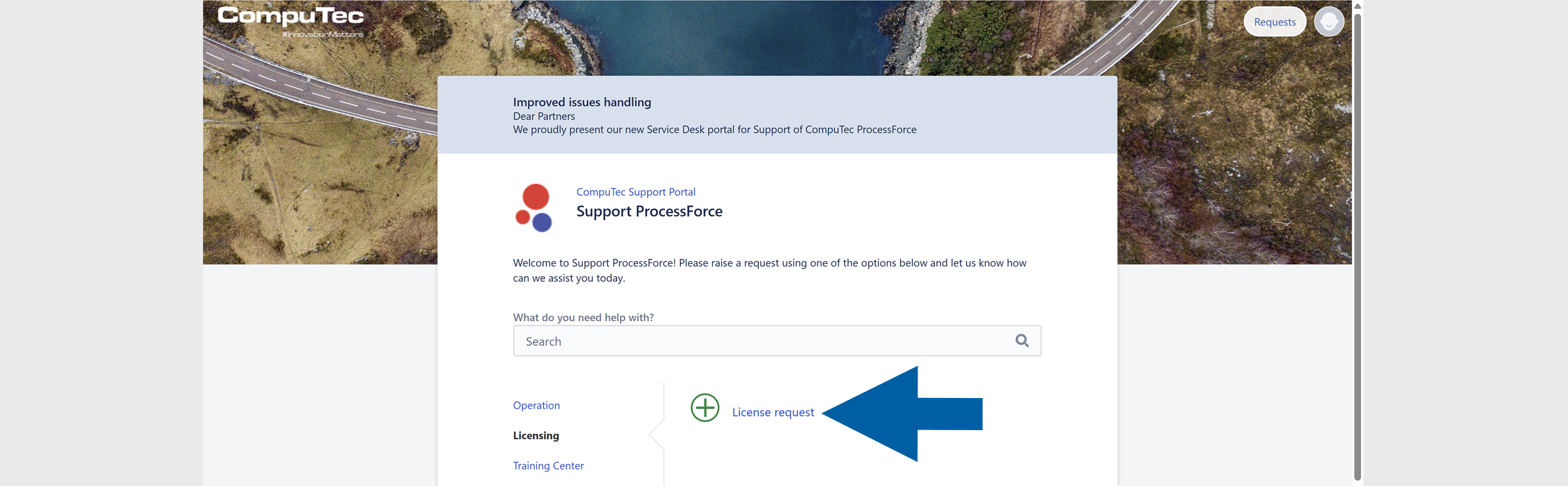 CompuTec Support Portal page showing the Support ProcessForce section with the License request option highlighted by a large blue arrow and the text License request visible