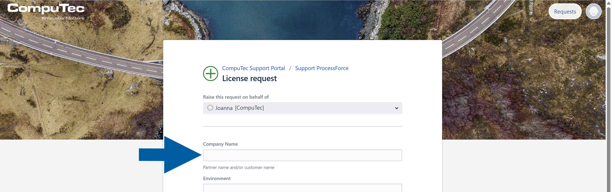 CompuTec Support Portal page showing the Support ProcessForce ticket with the Company Name field highlighted by a large blue arrow