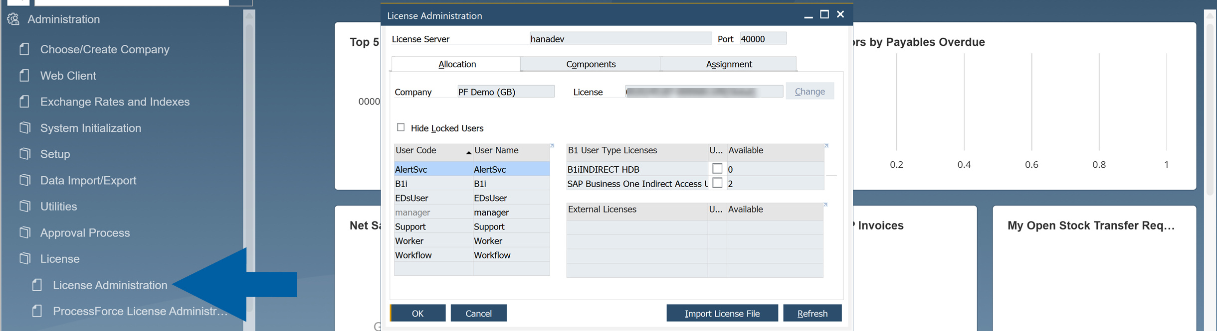 SAP Business One application screen showing the left Administration menu with a large blue arrow pointing to the License Administration entry under License Administrationtext