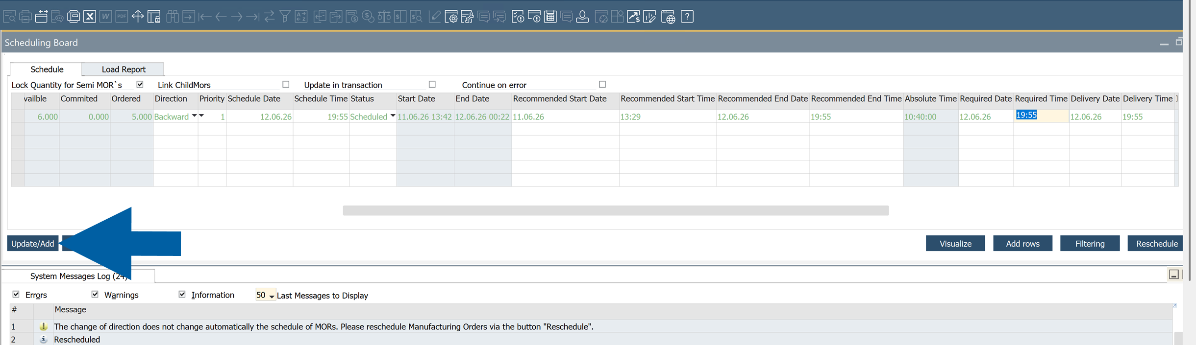 Scheduling Board screenshot showing a reschedule button
