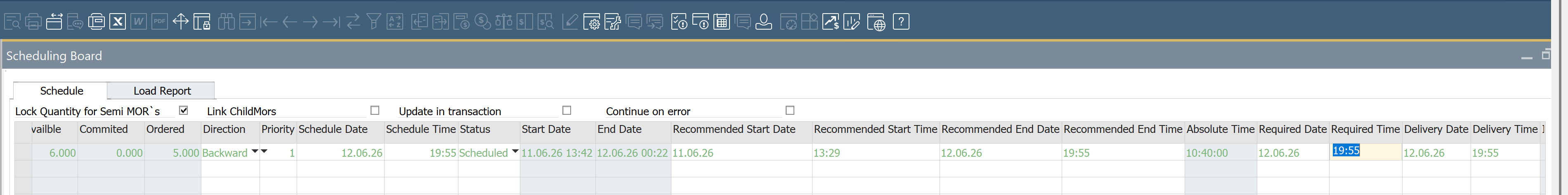 Scheduling Board with green row indicating successful order completion within required timeframe
