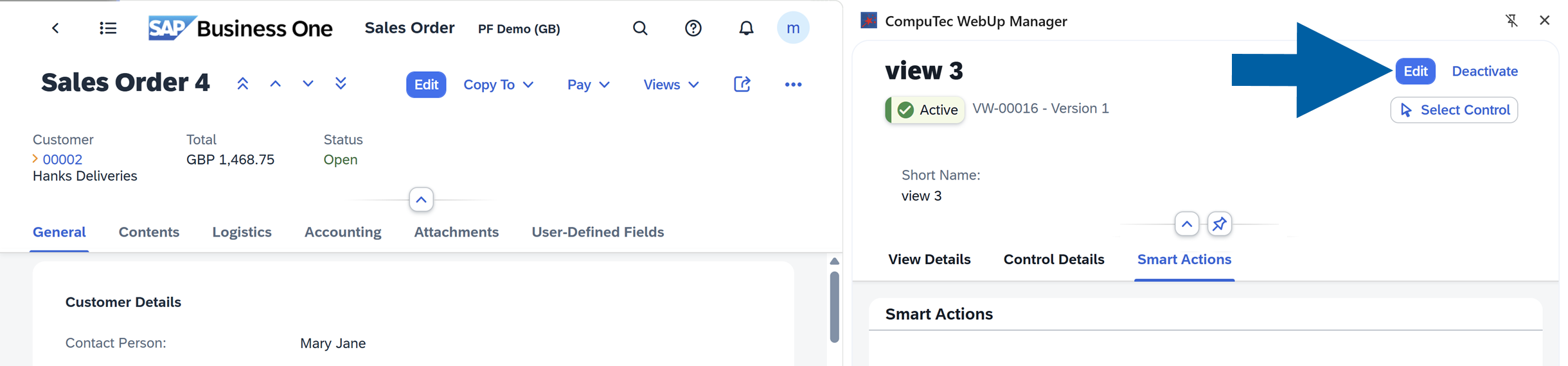 a screen showing navigation to smart actions tab in computec webup manager