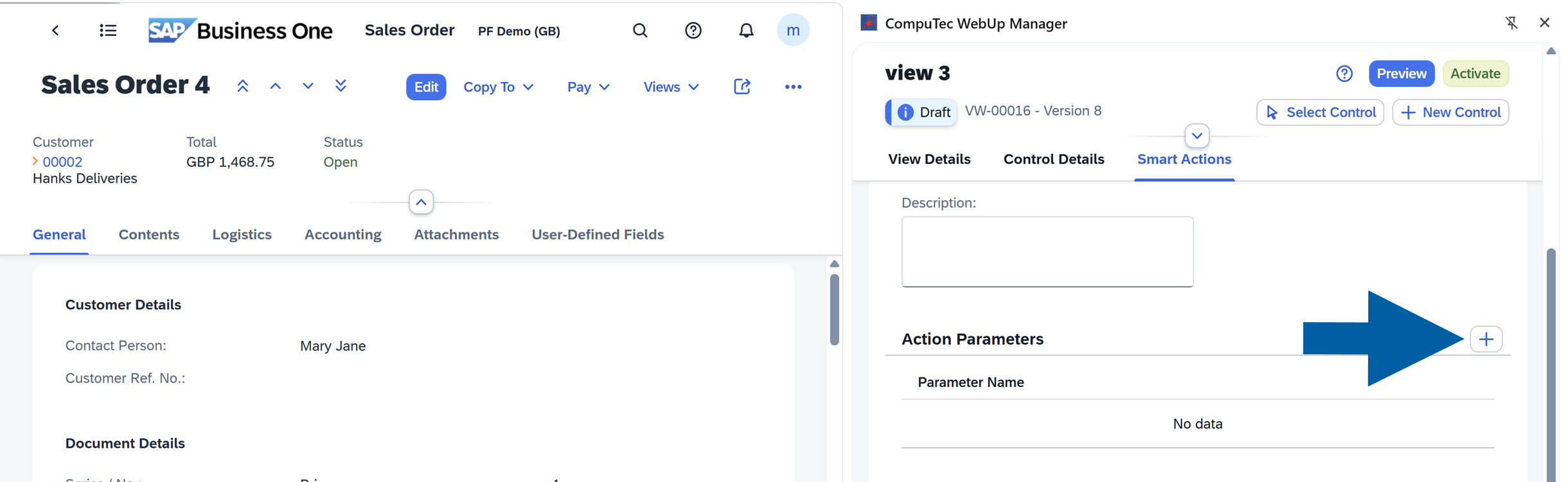 a screen showing navigation to smart actions tab in computec webup manager