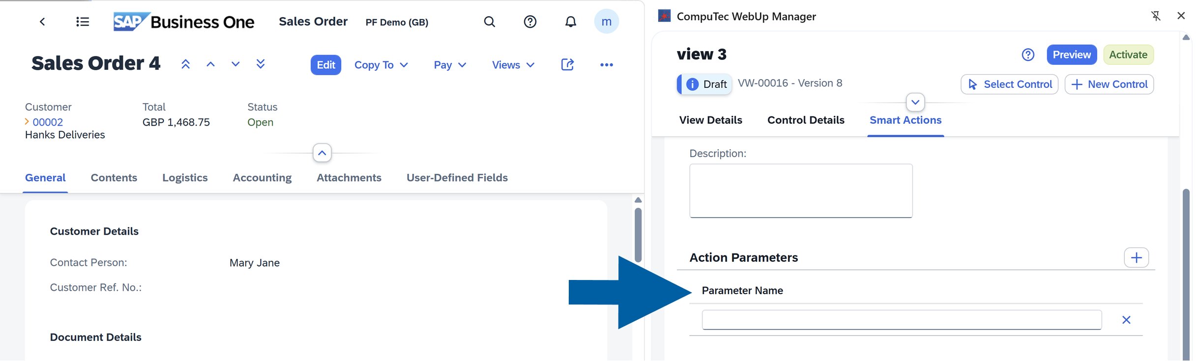 a screen showing navigation to smart actions tab in computec webup manager