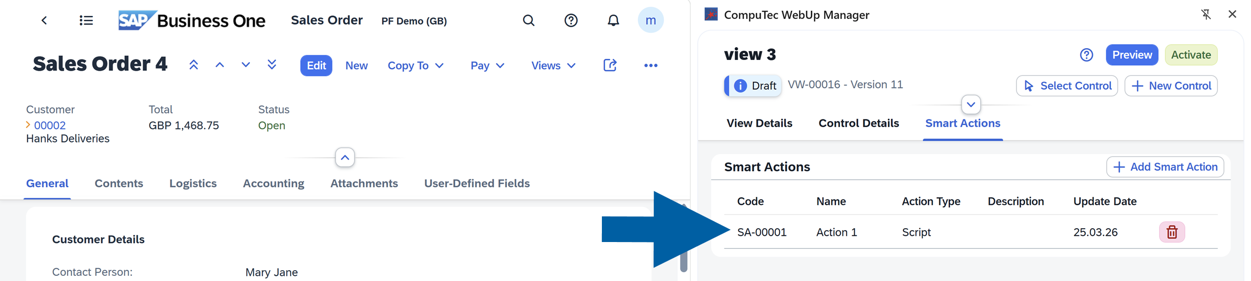 a screen showing navigation to smart actions tab in computec webup manager
