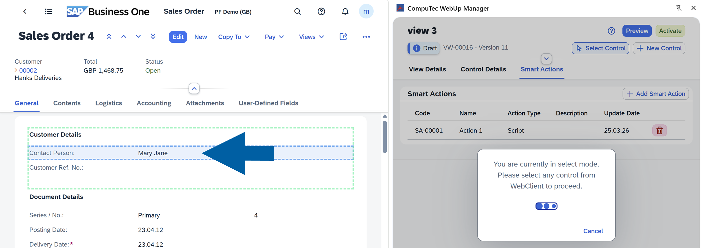a screen showing navigation to smart actions tab in computec webup manager