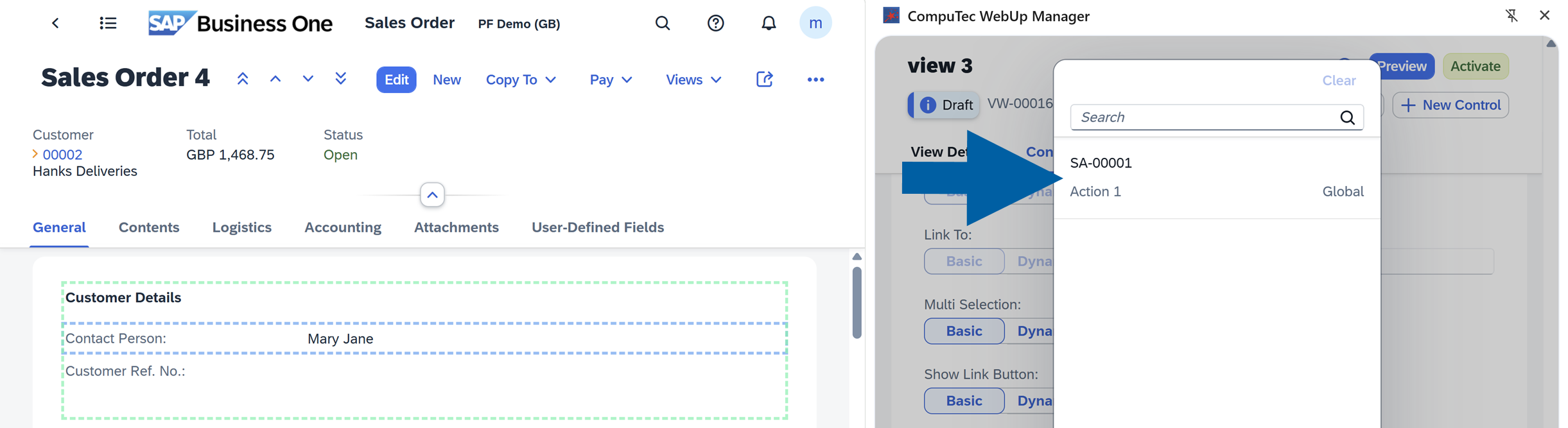 a screen showing navigation to smart actions tab in computec webup manager