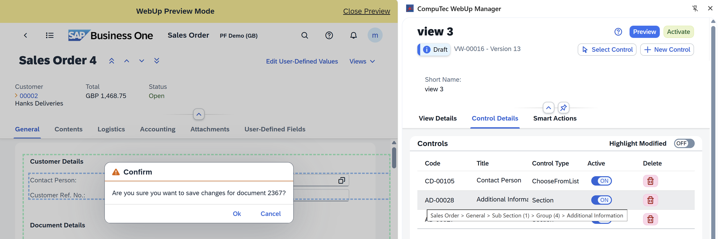 a screen showing navigation to smart actions tab in computec webup manager