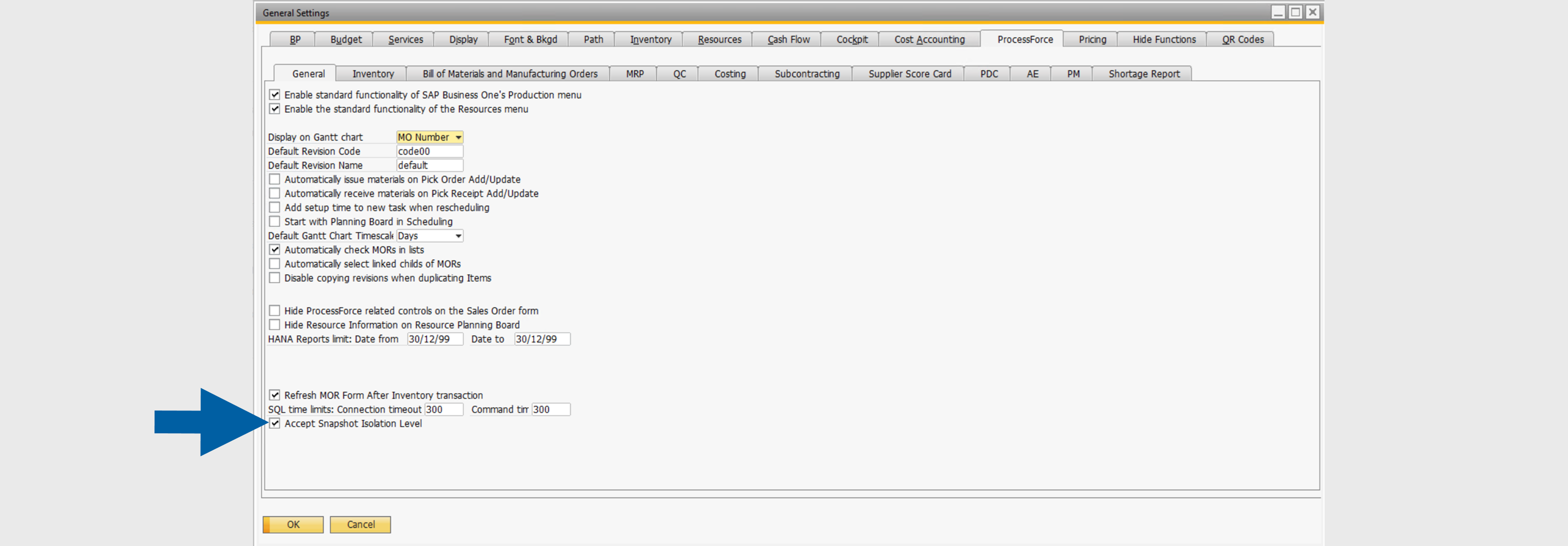 screen showing snapshot isolation level turned on
