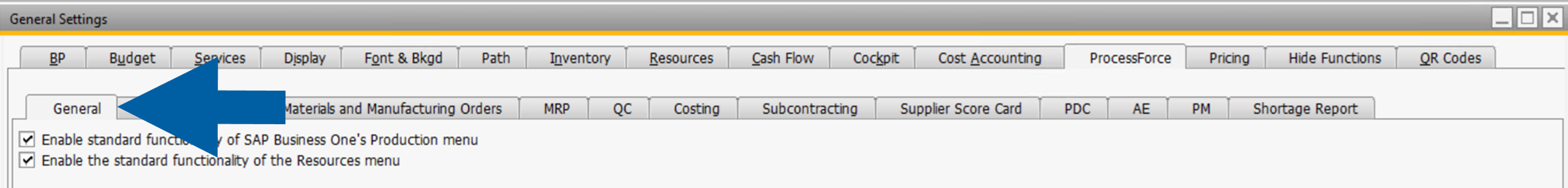 screen showing General sub-tab opened.