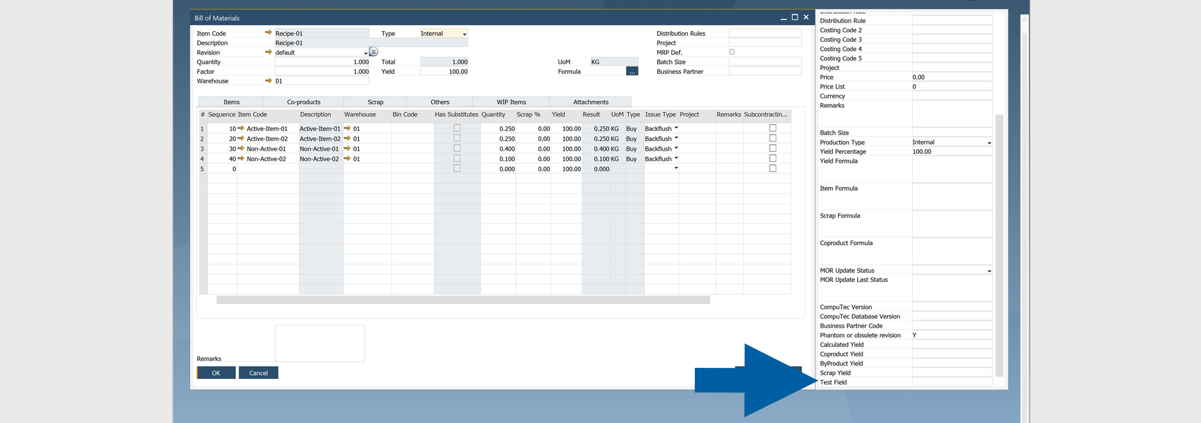 Bill of Materials form side panel showing a header User-Defined Field entry