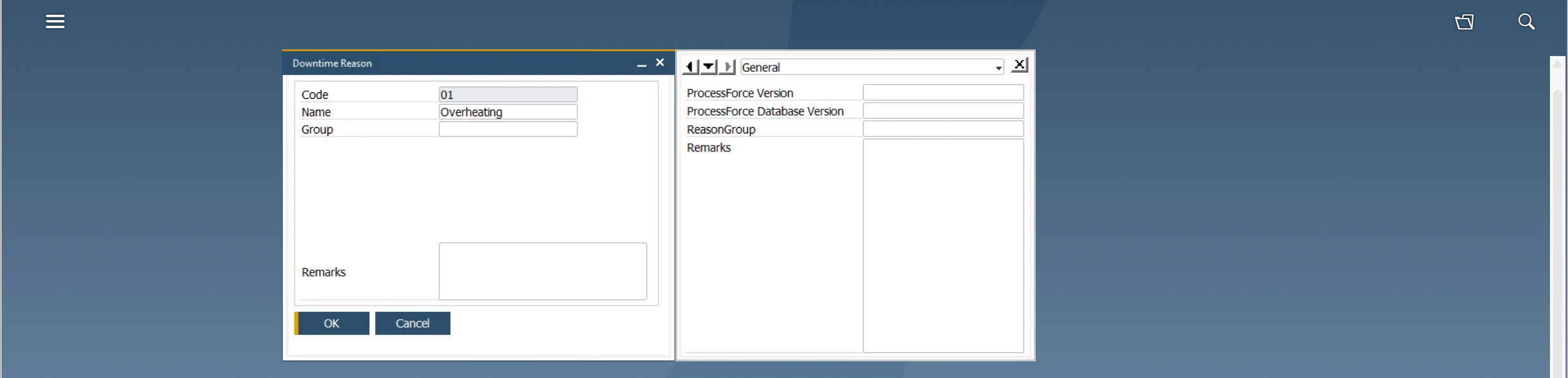Downtime Reason form on the left with User-Defined Fields side panel on the right showing ProcessForce Version, ProcessForce Database Version, ReasonGroup, and Remarks