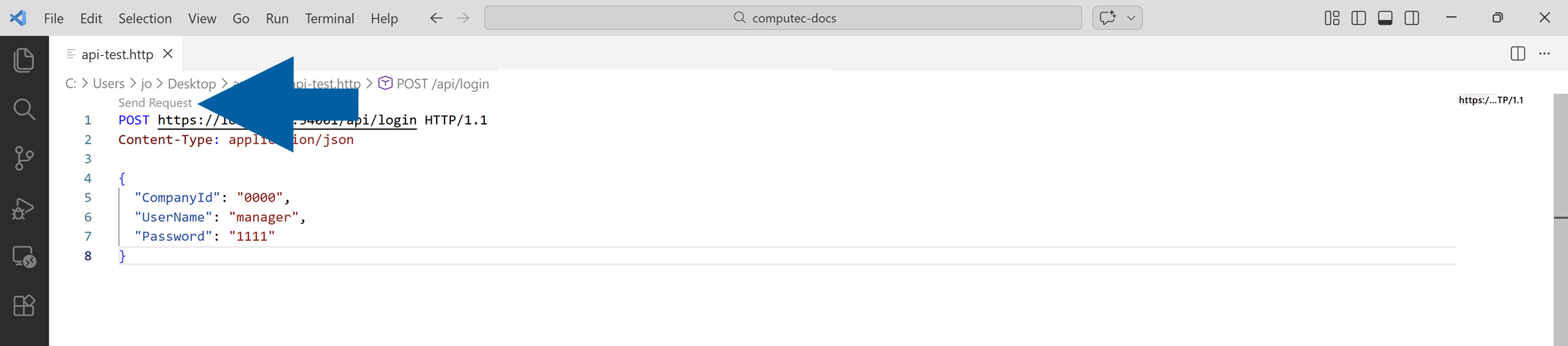 screen showing where to click to send API request