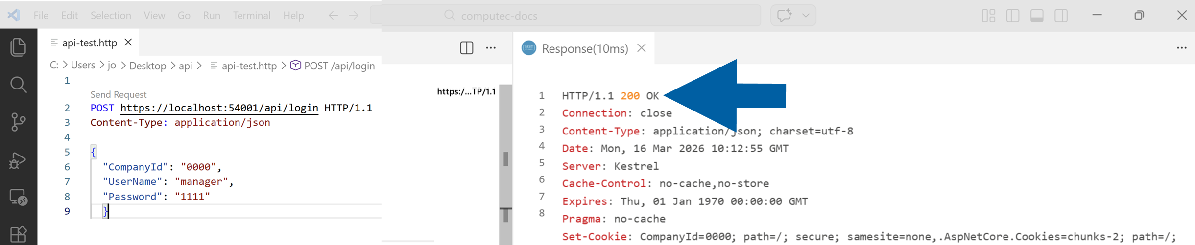 screen showing the successful result of the API request