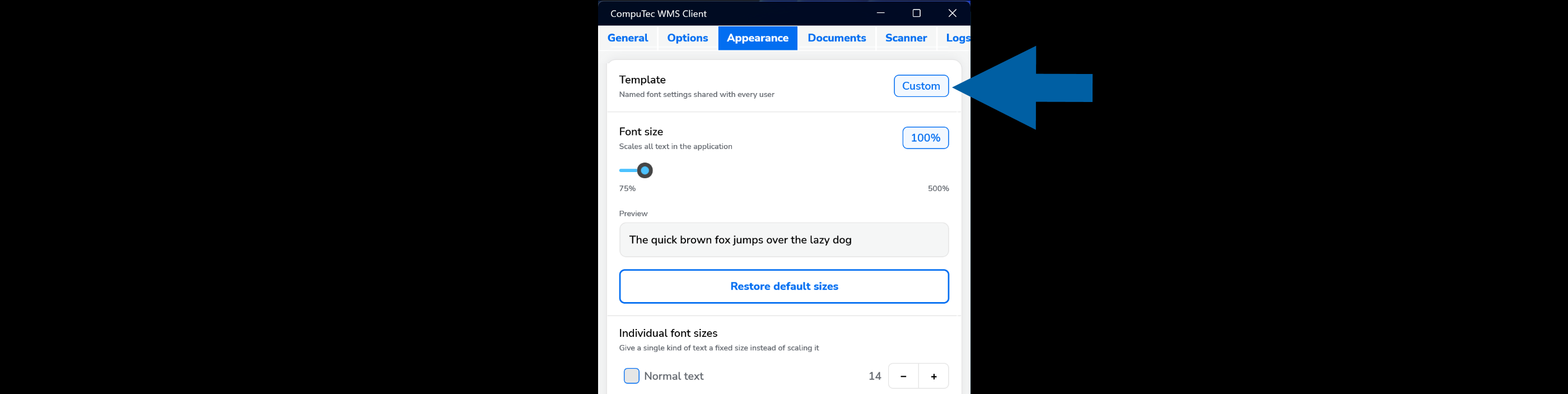 Appearance tab showing the Custom template indicator