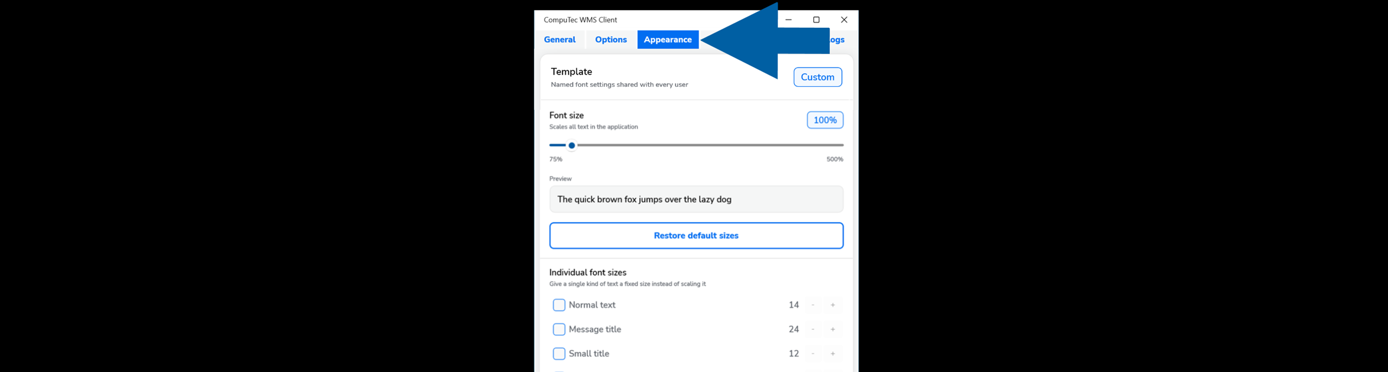 Appearance tab with font scaling and template settings