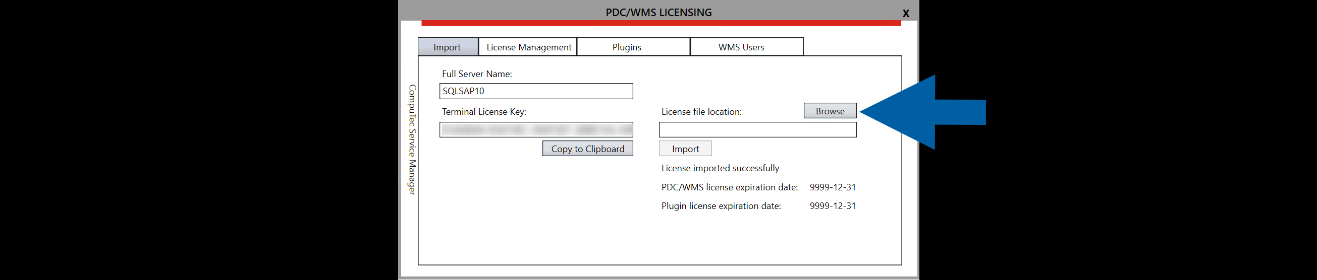 clicking browse next to the license file location field