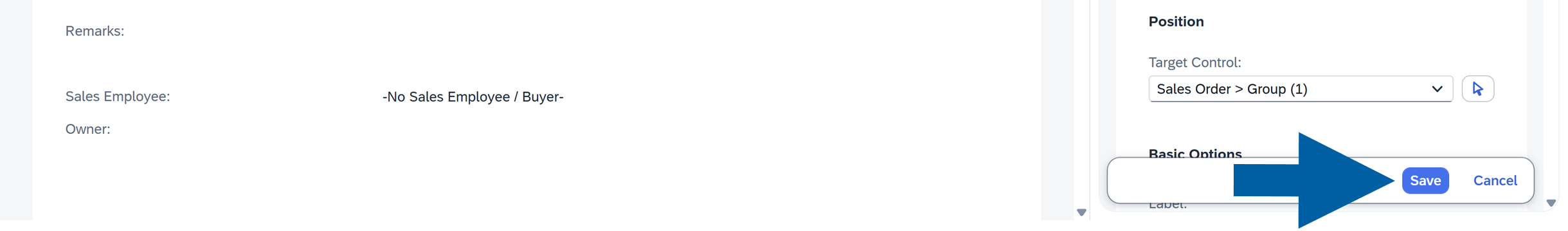 The Control Details tab is active in the CompuTec WebUp Manager side panel. The Save and Cancel buttons are located at the bottom-right of the panel. The user has to click the Save button used to apply the configuration changes.